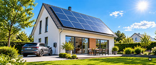 infamilienhaus mit Photovoltaikanlage auf dem Dach, Wallbox und Elektroauto vor dem Haus als Symbolbild für nachhaltige Energieversorgung und Beratung zu Photovoltaik-Lösungen durch die Deutsche Vermögensberatung (DVAG).