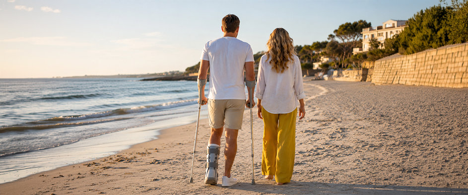 Ein Mann mit Gehhilfen und einer Schiene am linken Bein geht gemeinsam mit einer Frau am Strand entlang – Symbolbild für einen Unfall im Urlaub und den Schutz durch eine Auslandskrankenversicherung.