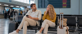 Ein Paar wartet mit Rollkoffern am Gate eines Flughafens und blickt auf die Anzeigetafel – Symbolbild für Flugverspätungen, Flugausfälle und die Rechte von Passagieren.