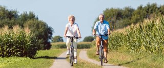 Full length of a senior active couple smiling and looking forward with confidence and serenity while riding bicycles in the countryside in summer / Großeltern, Eheleute, Fahrradtour, Maisfeld, Sommer, Aktivität 