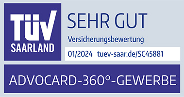 Siegel Advocard-360°-Privat, Tüv Saarland, Sehr gut Versicherugsbewertung, 01/2024